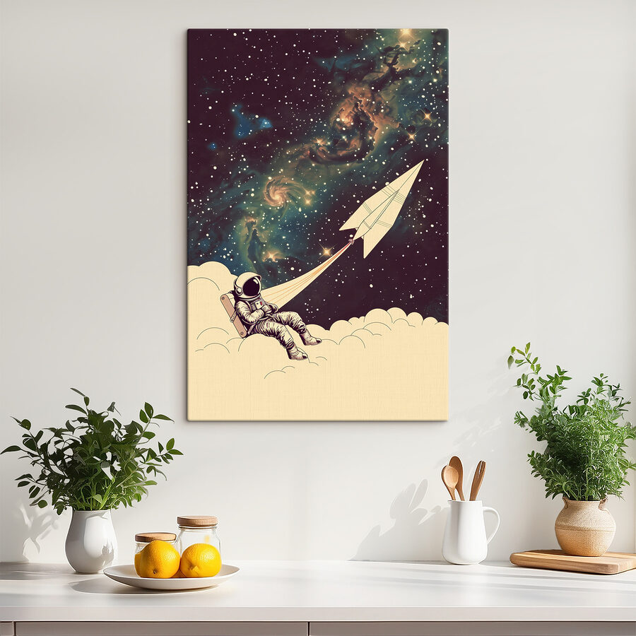 Astronaut sedící na mraku s papírovým letadlem na obloze