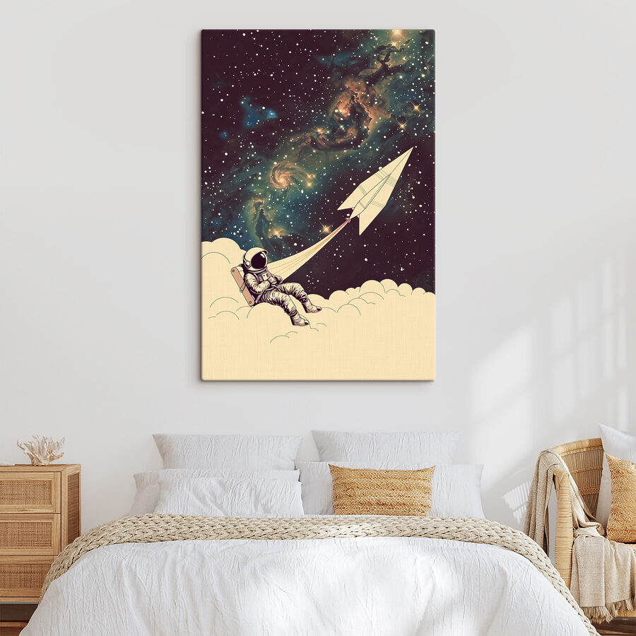 Astronaut sedící na mraku s papírovým letadlem na obloze