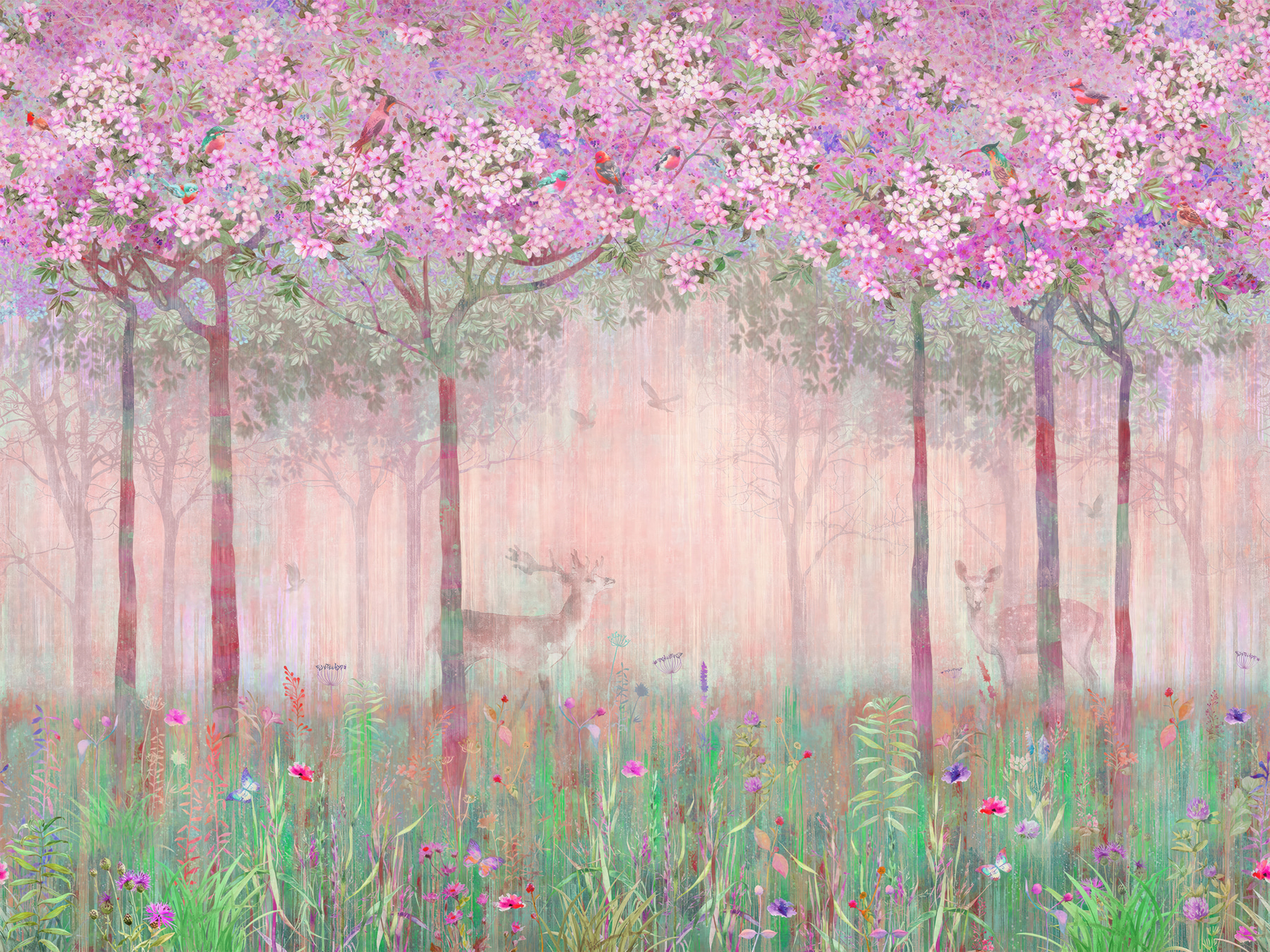 u62100v3p - Obraz lesa s růžovými květy a stromy - tegory