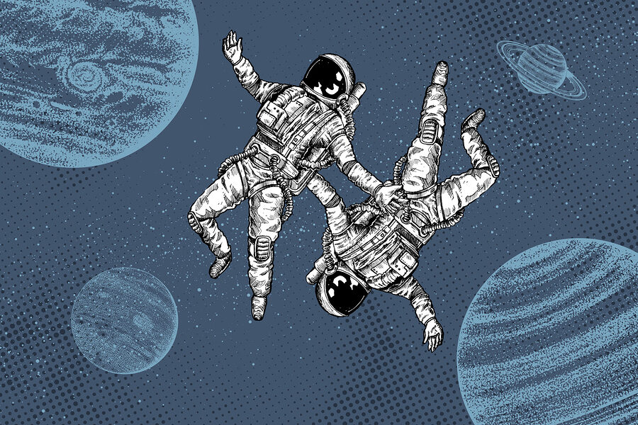 Dva astronauti se vznášejí ve vesmíru