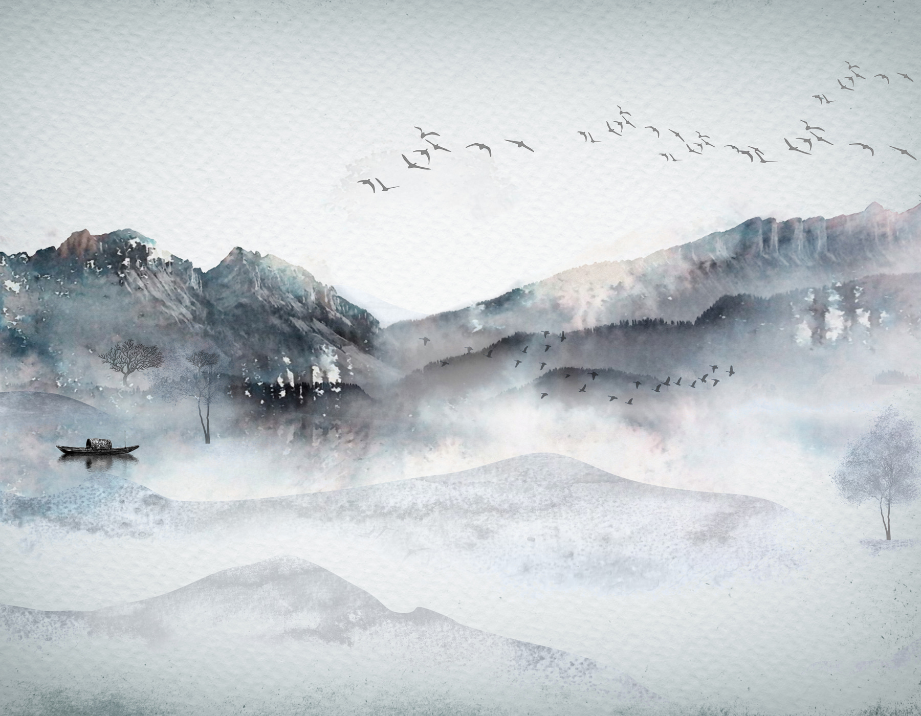 A painting of a mountain range with birds flying over it