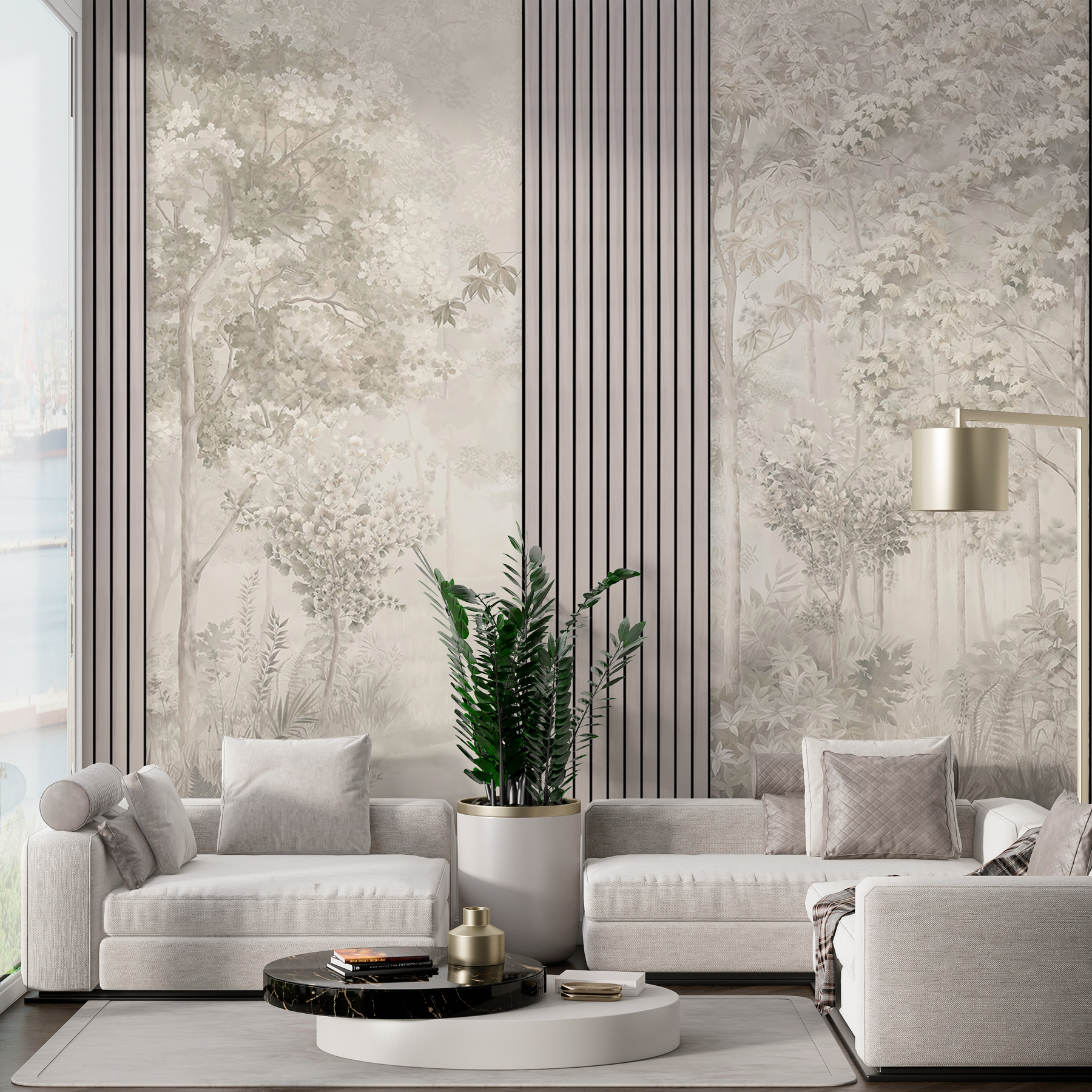 A wallpaper with trees and flowers