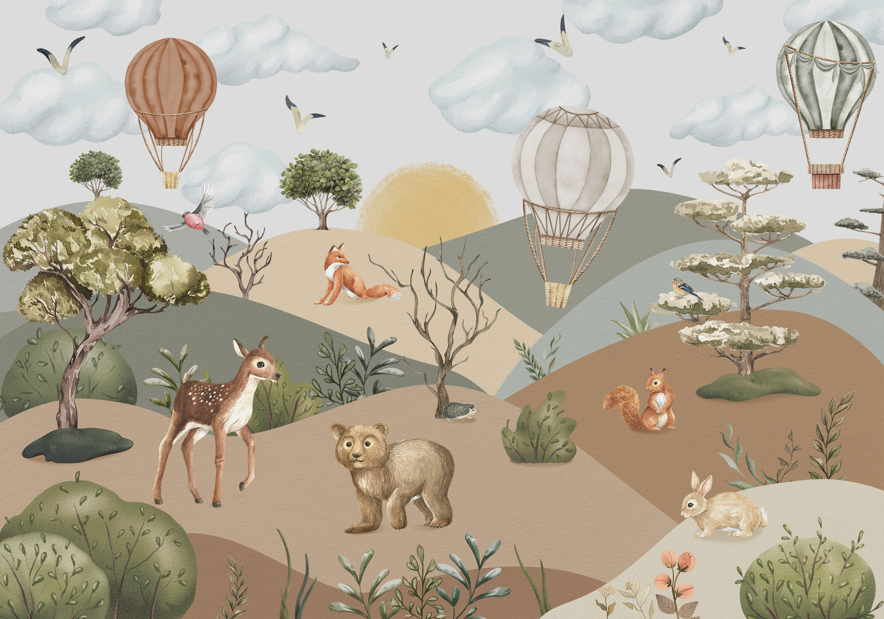 A landscape with animals and hot air balloons