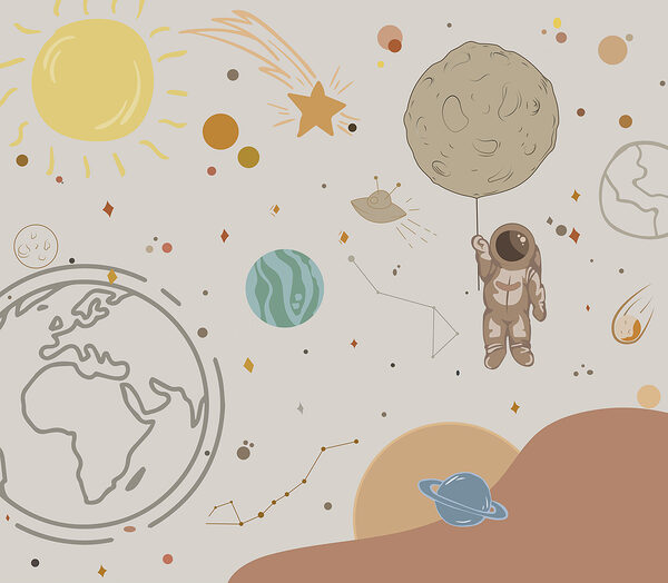 Kreslený obrázek astronauta držícího planetu ve vesmíru Kreslený obrázek astronauta držícího planetu ve vesmíru