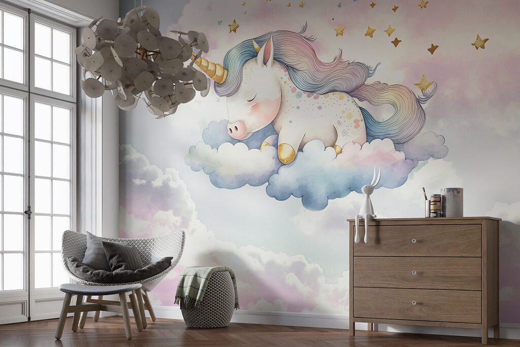 A unicorn sleeping on clouds