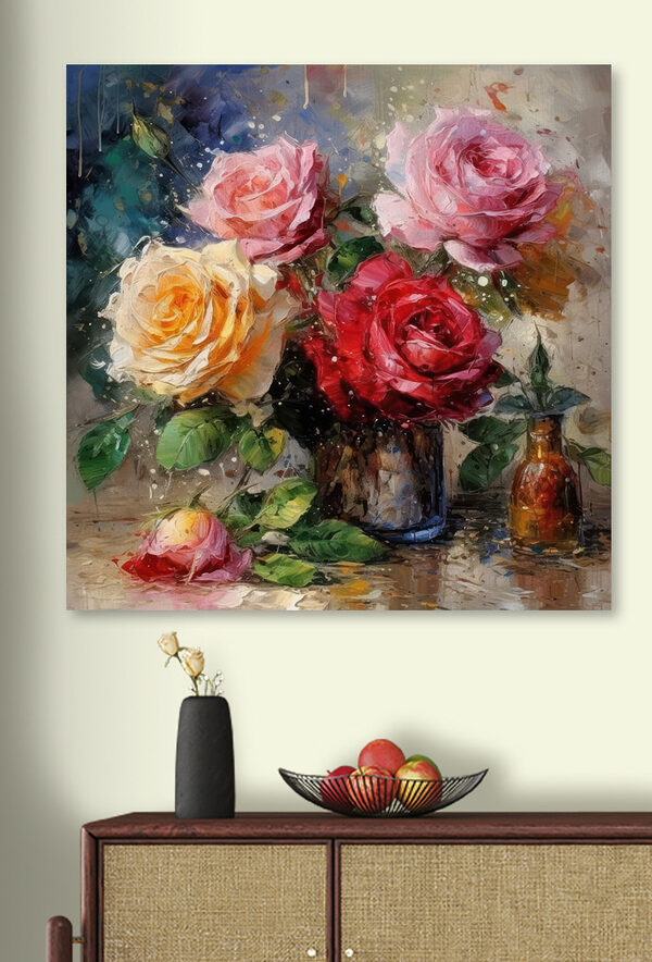A painting of flowers in a vase