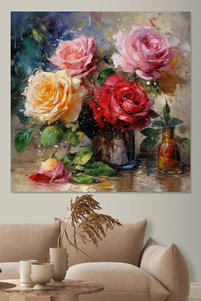 A painting of flowers in a vase