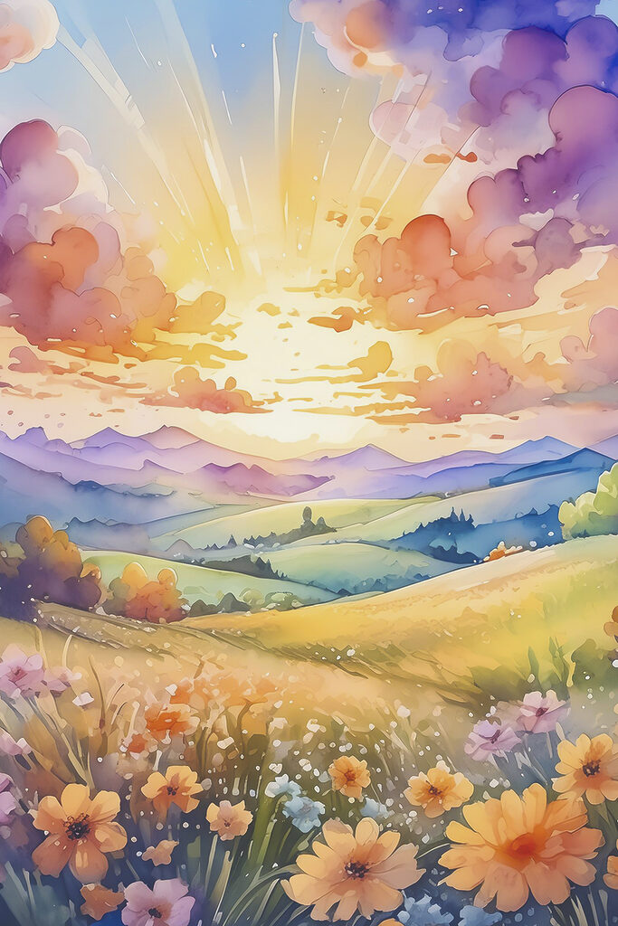 A painting of a landscape with mountains and flowers