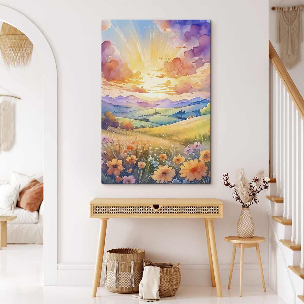 A painting of a landscape with mountains and flowers