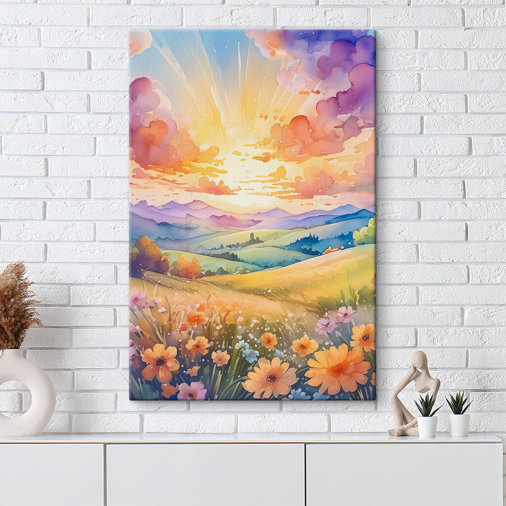 A painting of a landscape with mountains and flowers