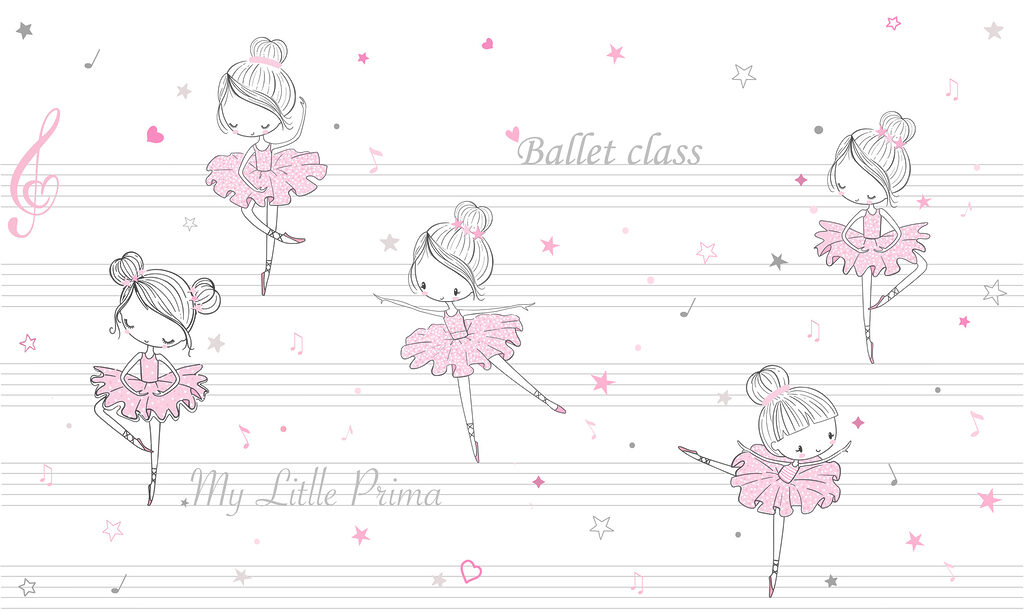 A group of pink and white ballet dancers on musical notes