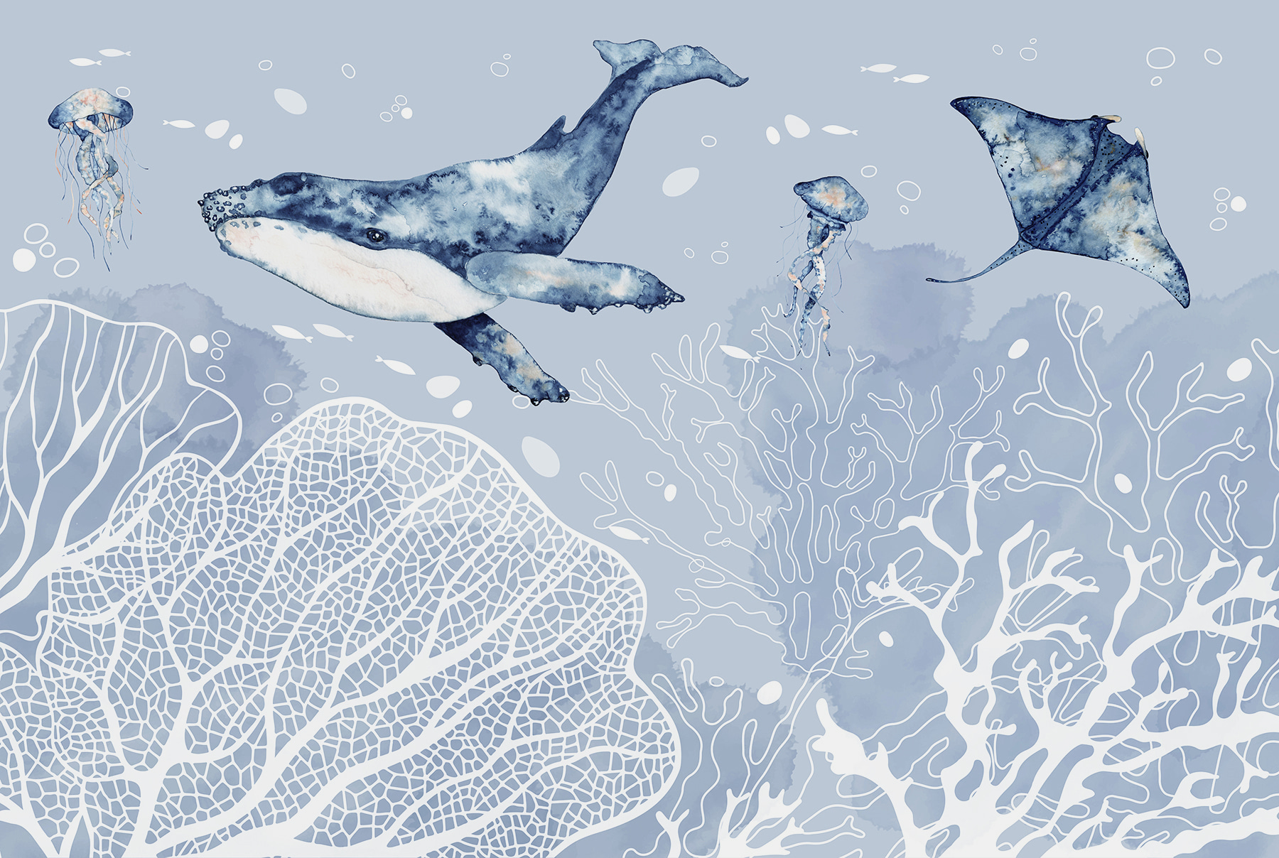 A whale and stingrays swimming in the ocean A whale and stingrays swimming in the ocean