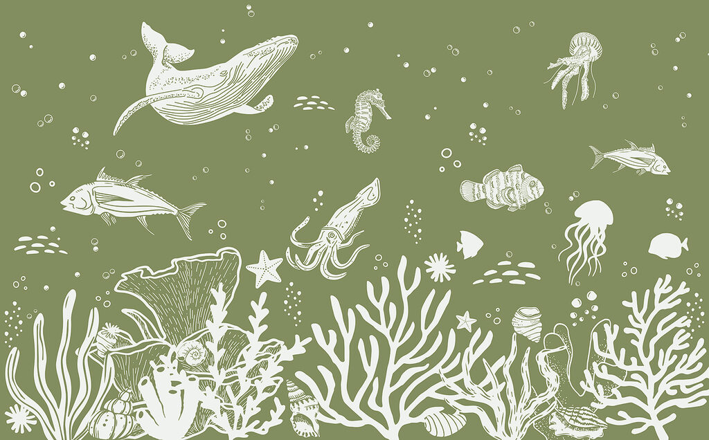 A sea life drawing on a green background