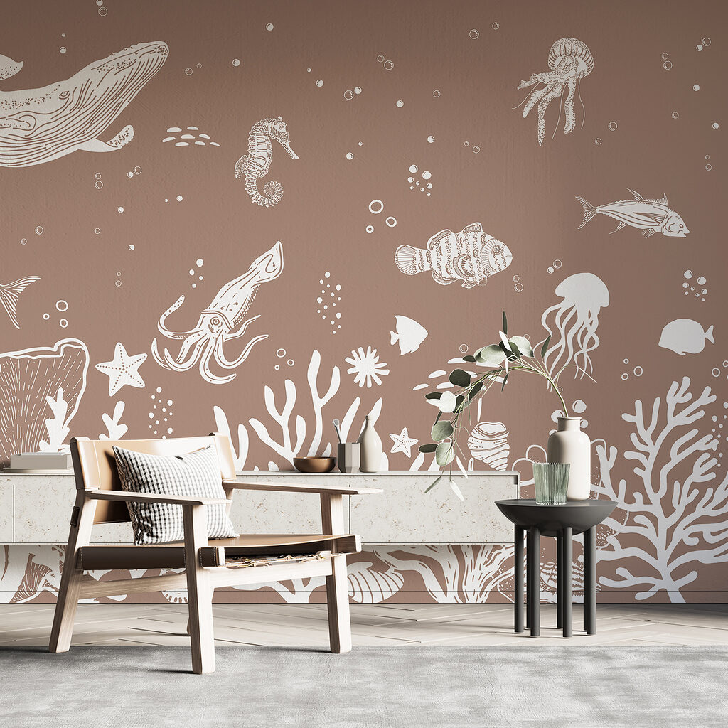 A white line drawing of sea animals