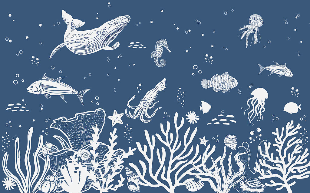 A white outline of sea animals