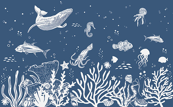 A white outline of sea animals