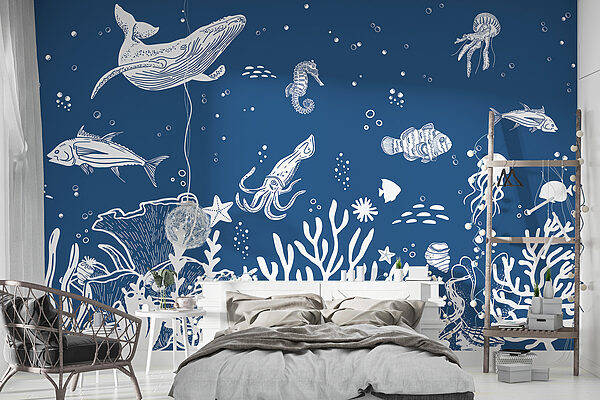 A white outline of sea animals
