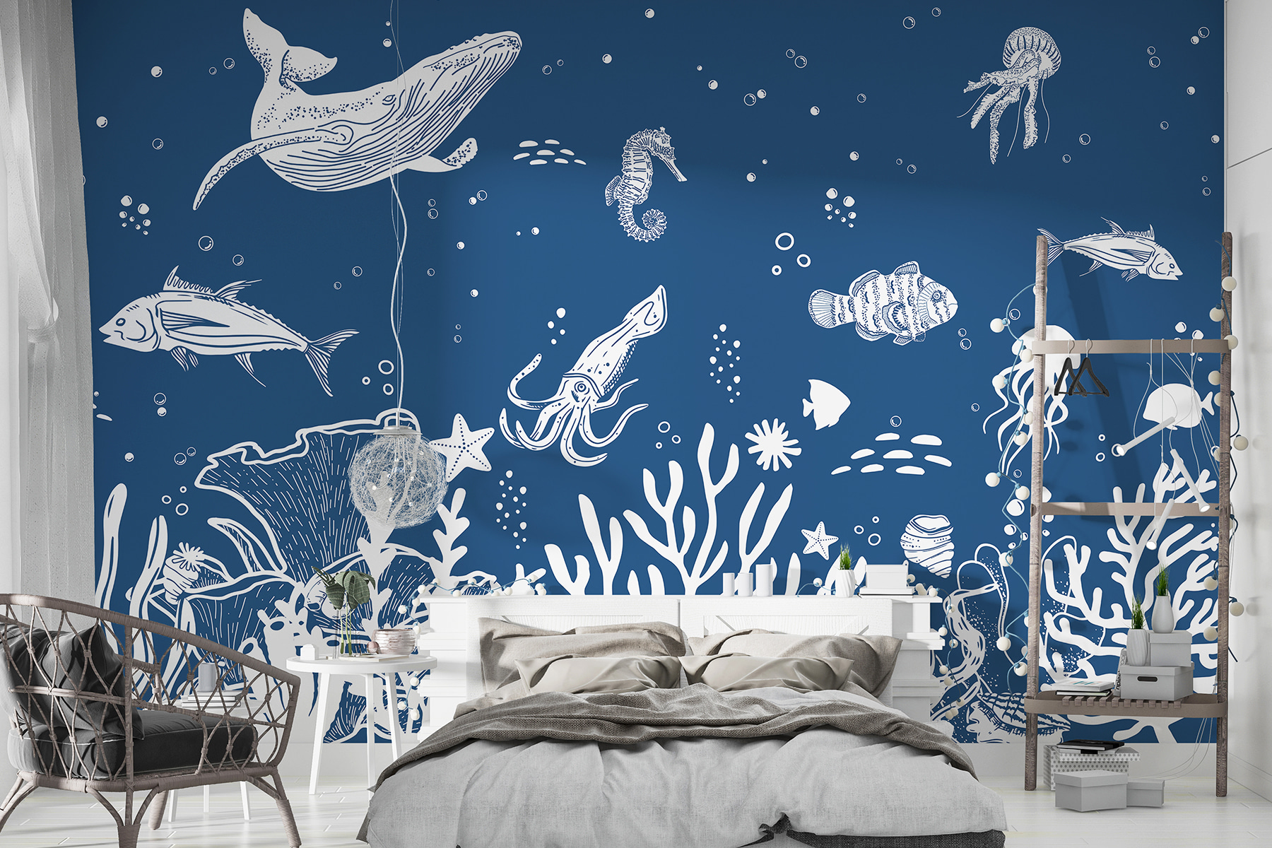 A white outline of sea animals