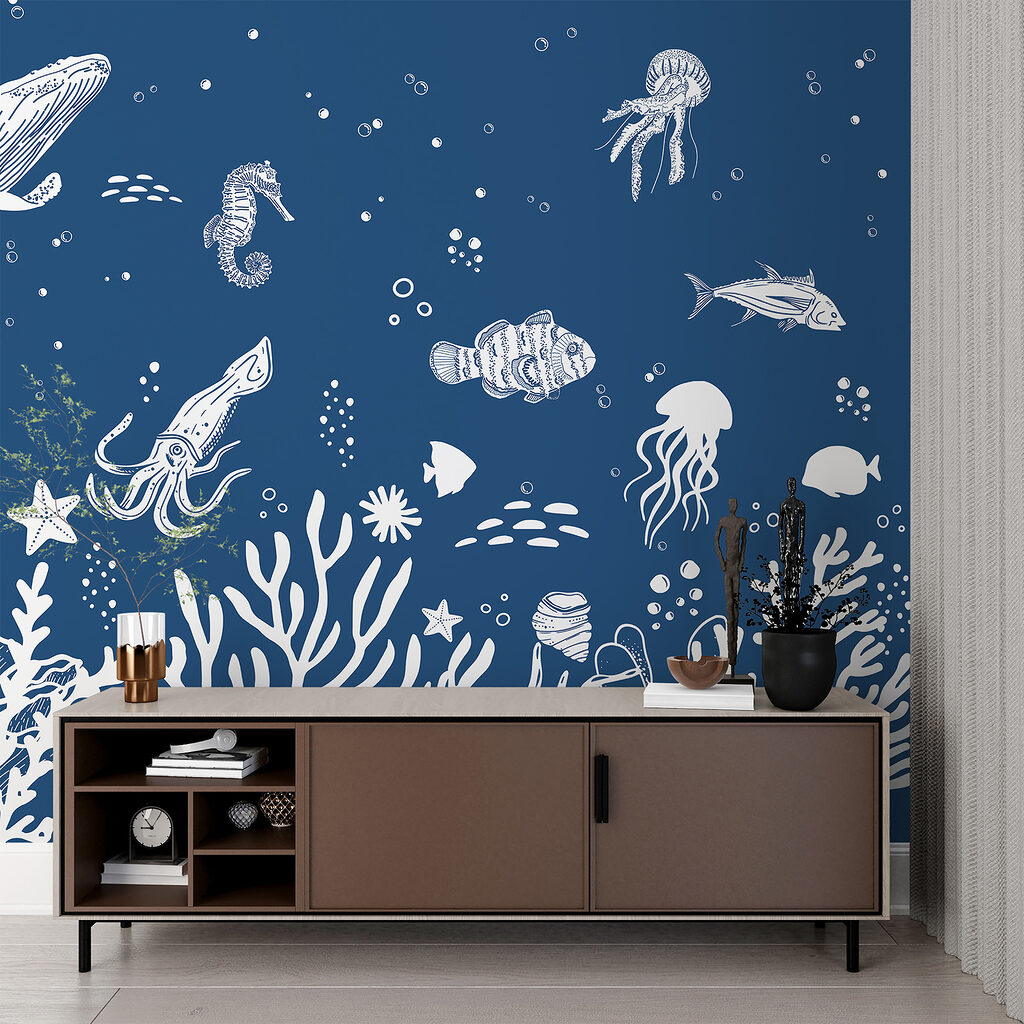 A white outline of sea animals