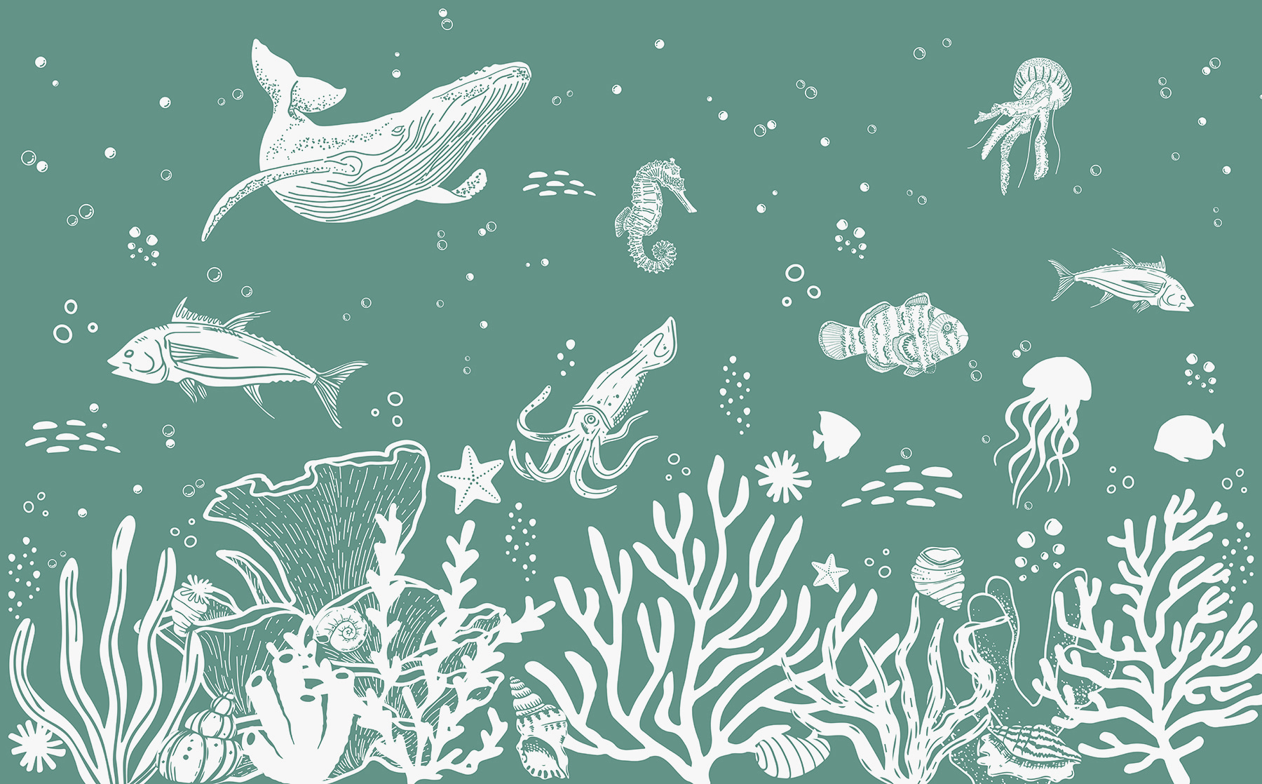 A white outline of sea animals
