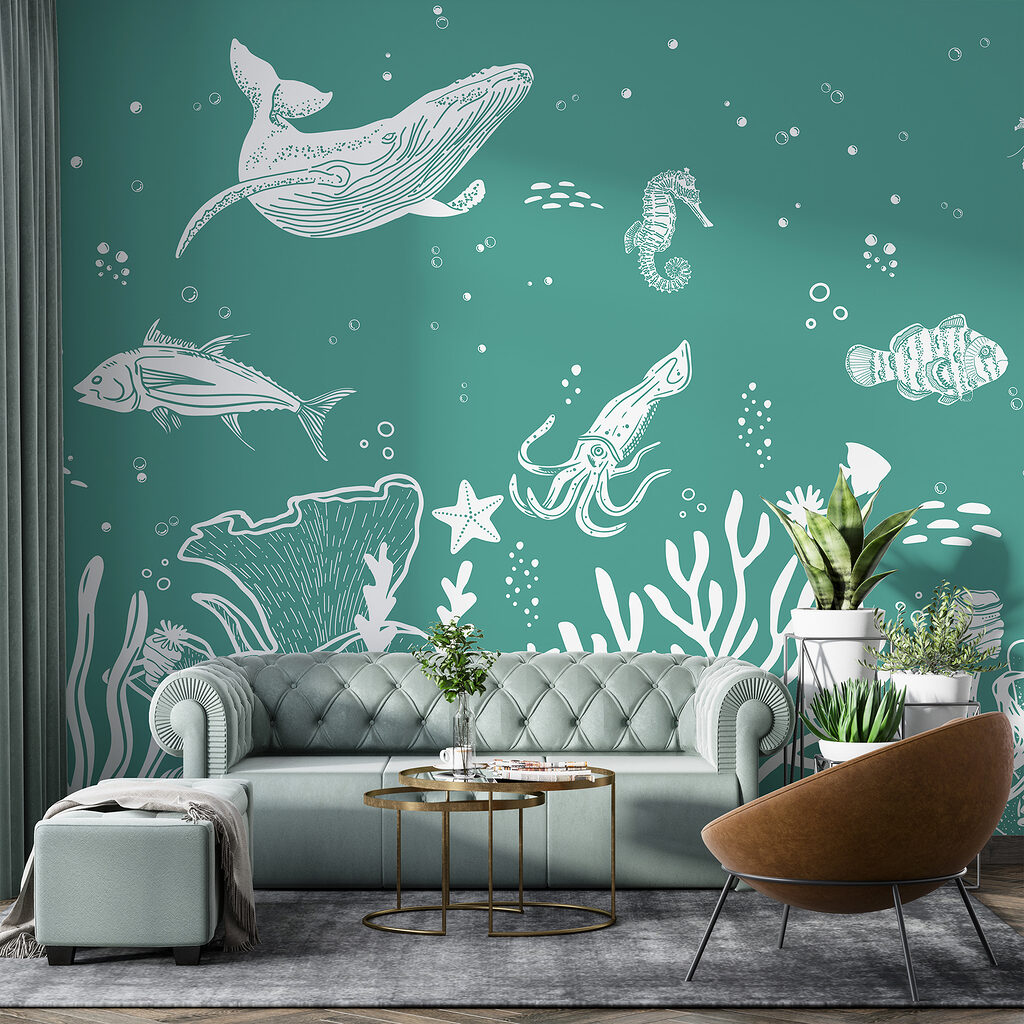 A white outline of sea animals