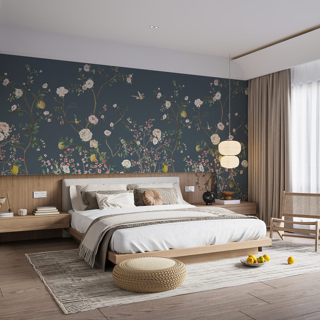 A wallpaper with flowers and birds