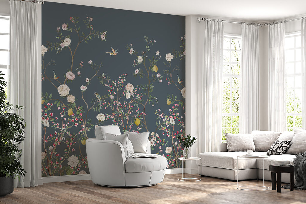 A wallpaper with flowers and birds