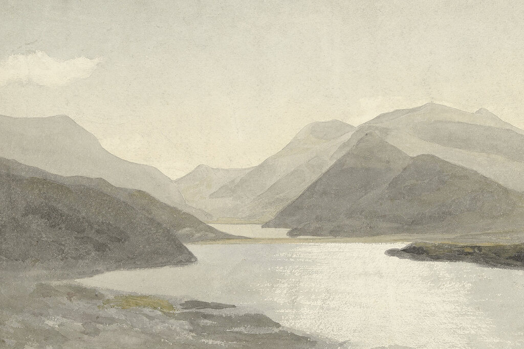 A watercolor of a lake and mountains