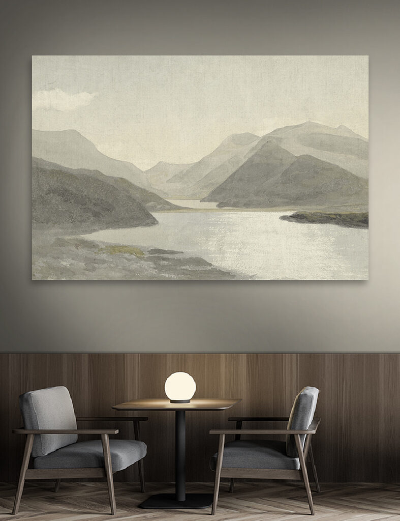 A watercolor of a lake and mountains