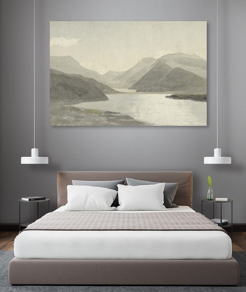 A watercolor of a lake and mountains