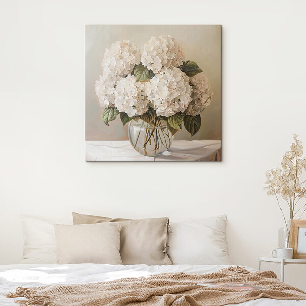 A painting of a bouquet of white flowers in a glass vase