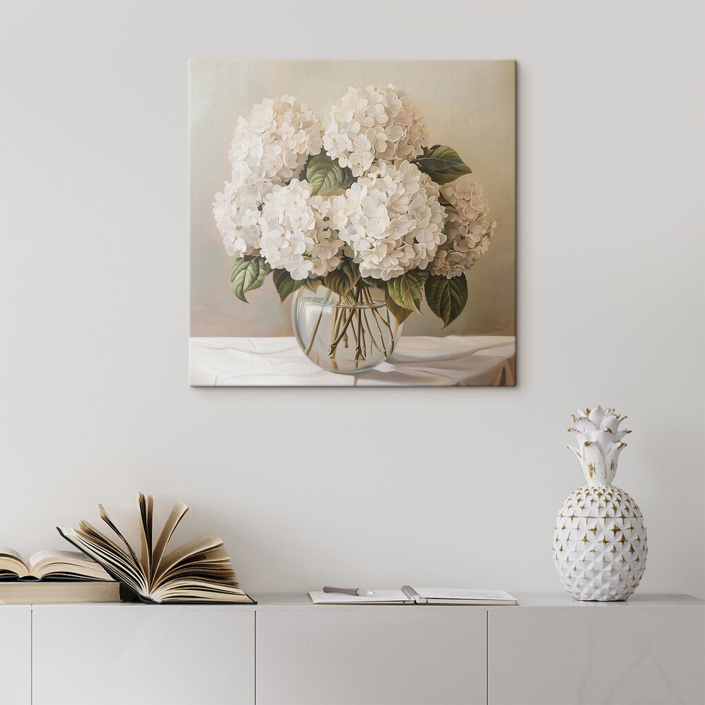 A painting of a bouquet of white flowers in a glass vase