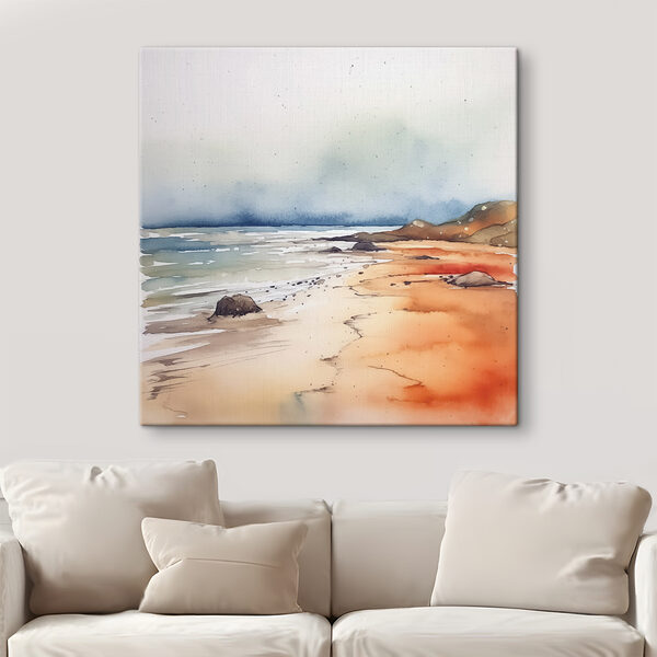 Watercolor of a beach with rocks and water