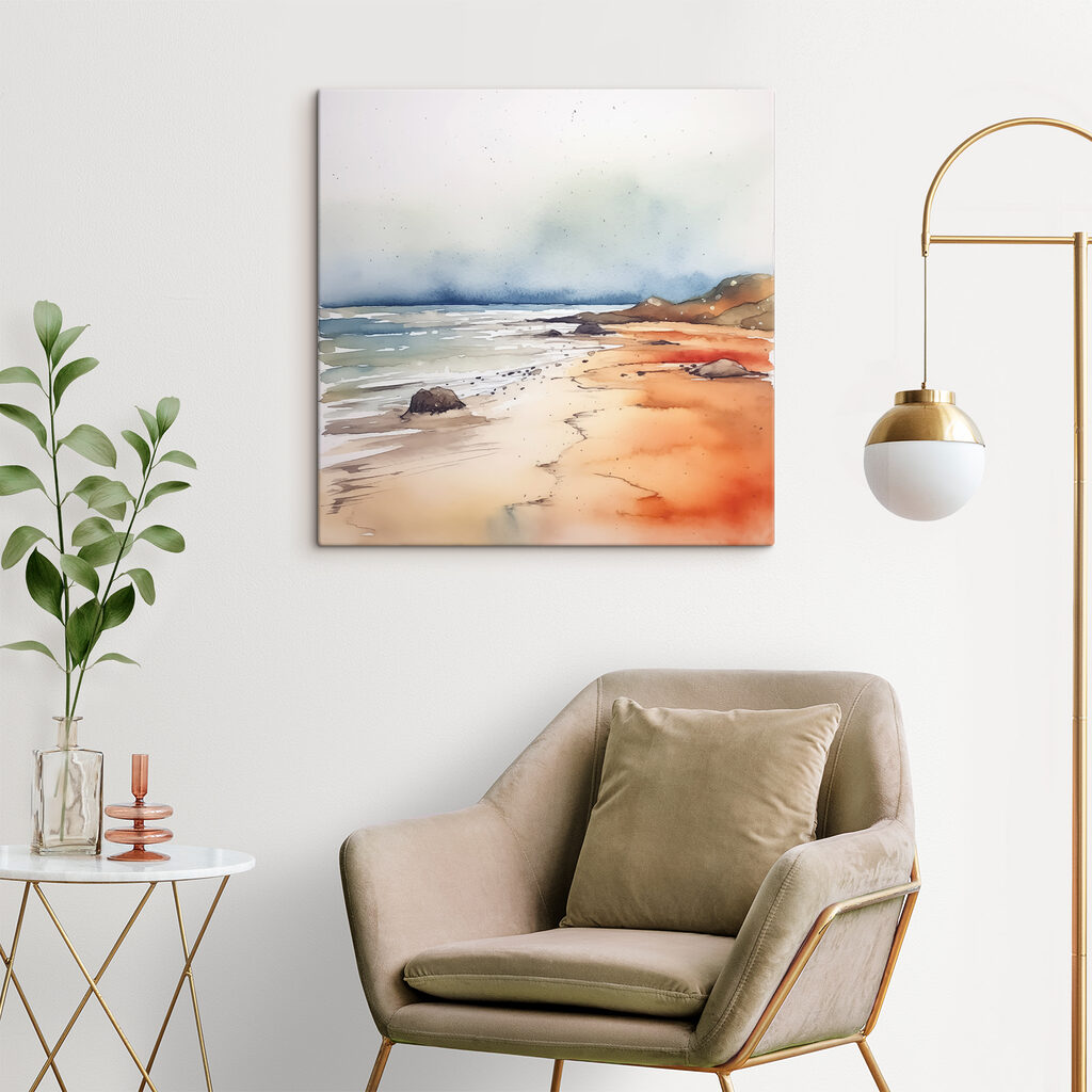 Watercolor of a beach with rocks and water