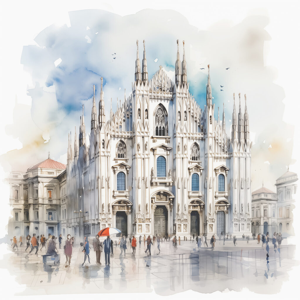 A watercolor of a building with people walking around