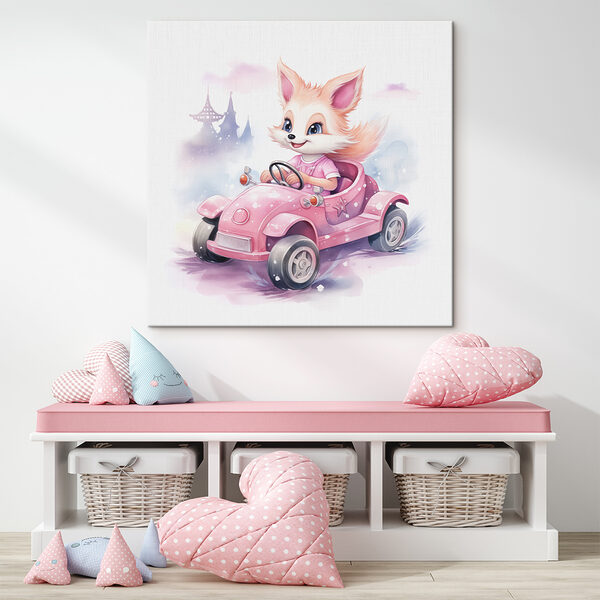 A cartoon fox driving a pink car A cartoon fox driving a pink car