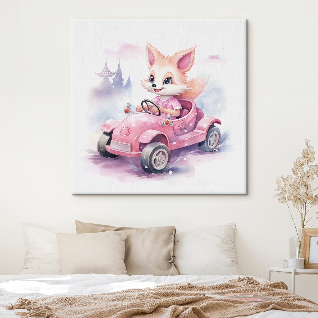 A cartoon fox driving a pink car A cartoon fox driving a pink car