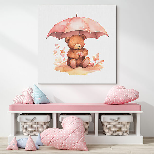 A watercolor of a teddy bear holding a flower under an umbrella A watercolor of a teddy bear holding a flower under an umbrella