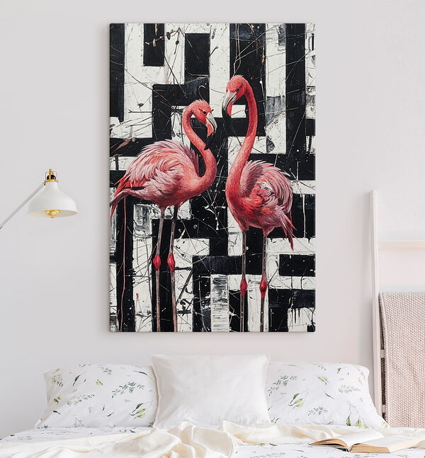A painting of flamingos on a black and white background