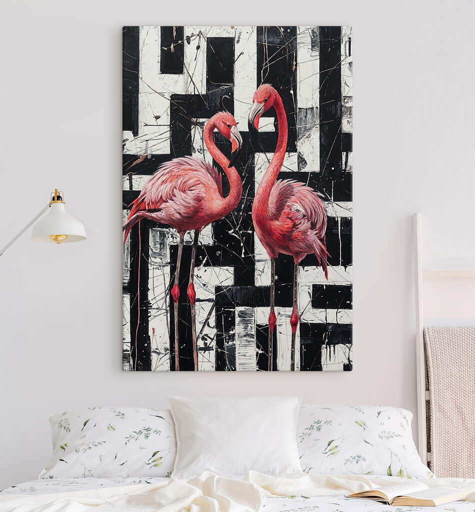 A painting of flamingos on a black and white background