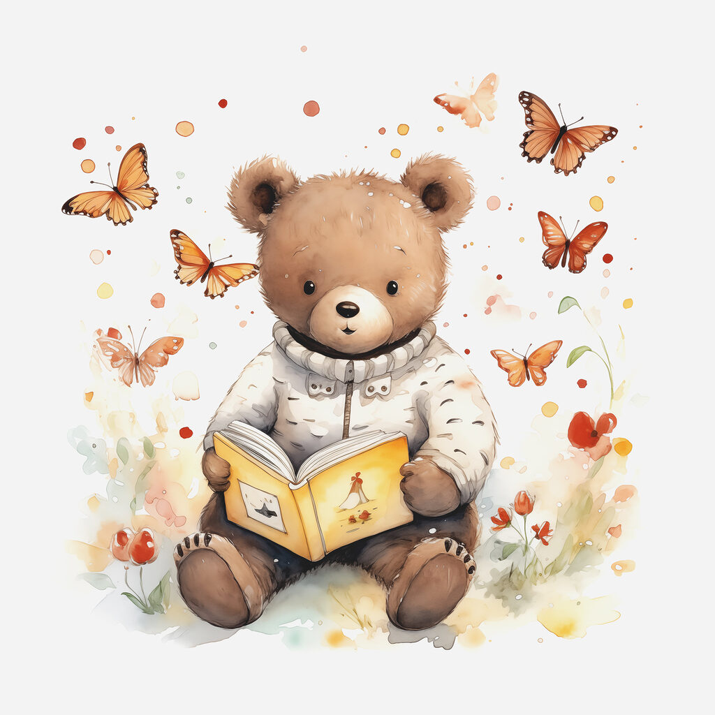 A teddy bear reading a book with butterflies flying around