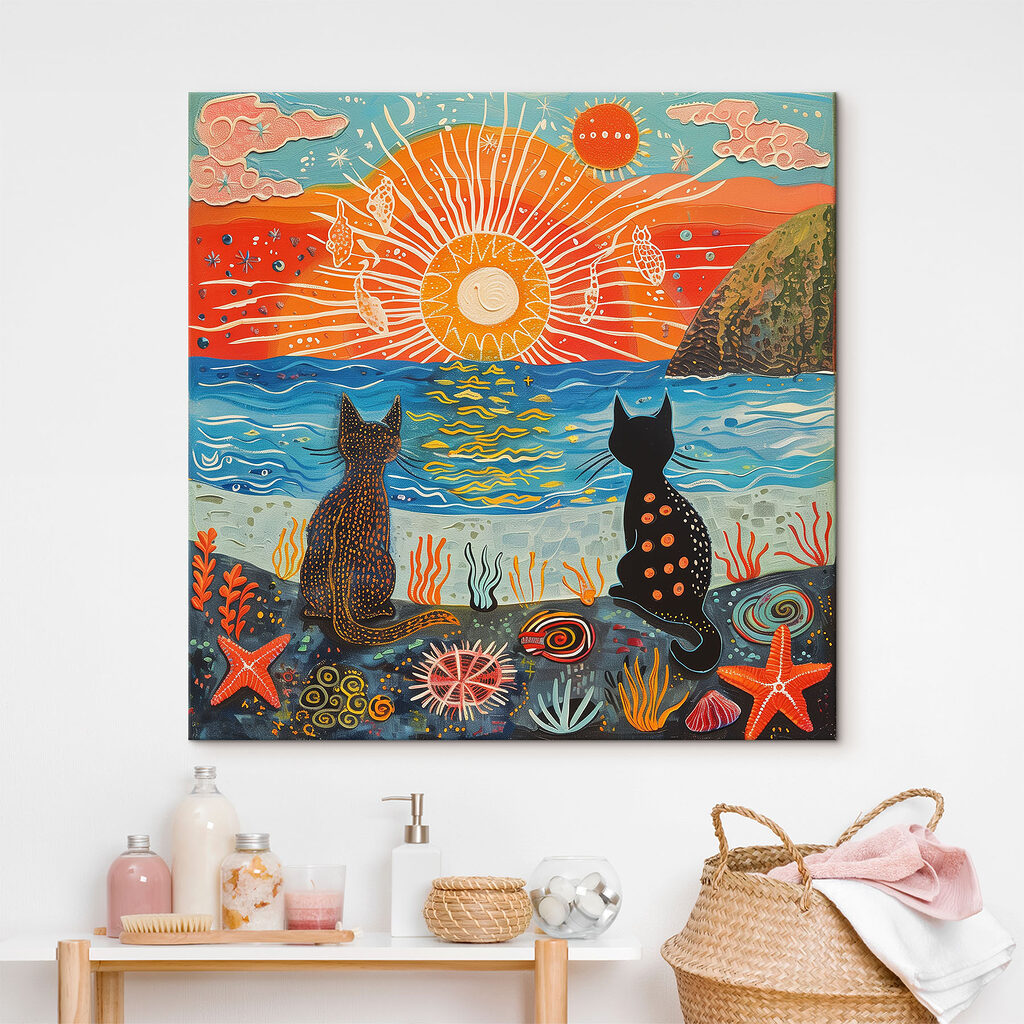 Two cats sitting on a beach looking at the sun