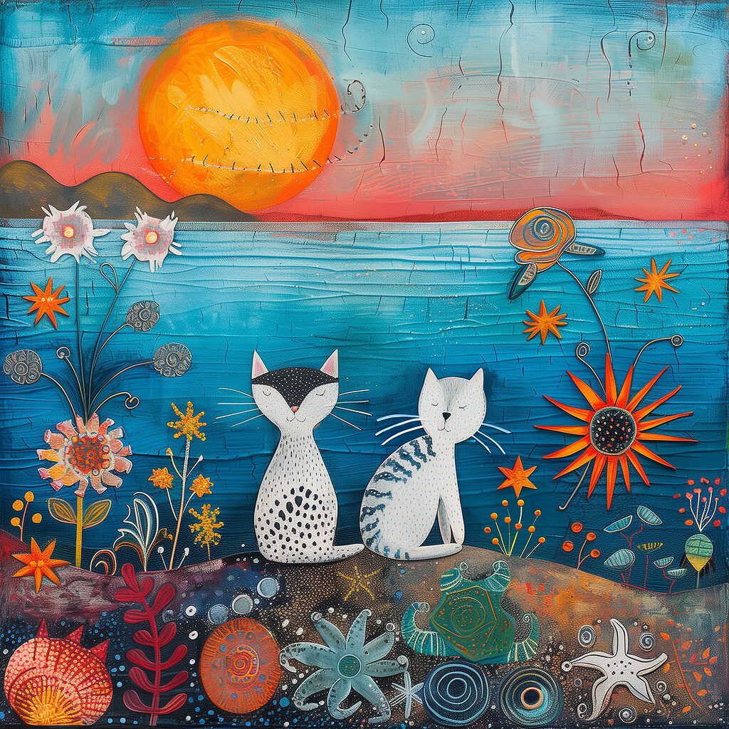 A painting of cats sitting on a hill A painting of cats sitting on a hill