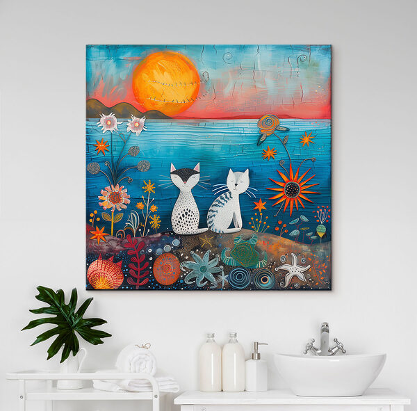 A painting of cats sitting on a hill A painting of cats sitting on a hill