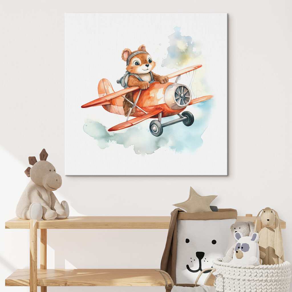 A watercolor of a squirrel flying on an airplane