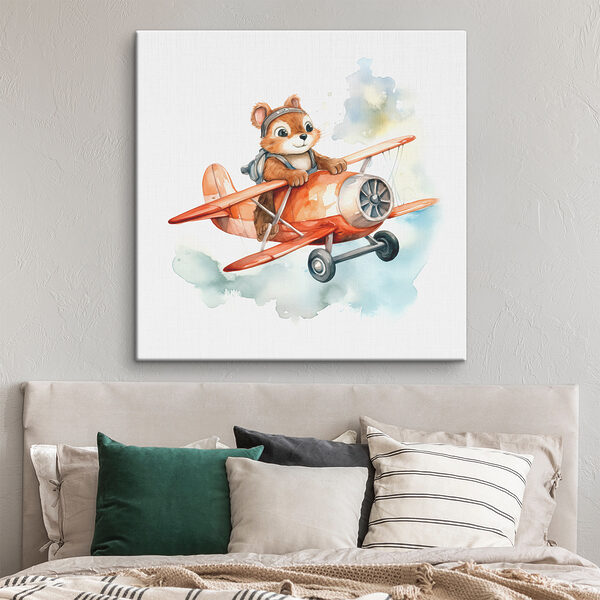 A watercolor of a squirrel flying on an airplane