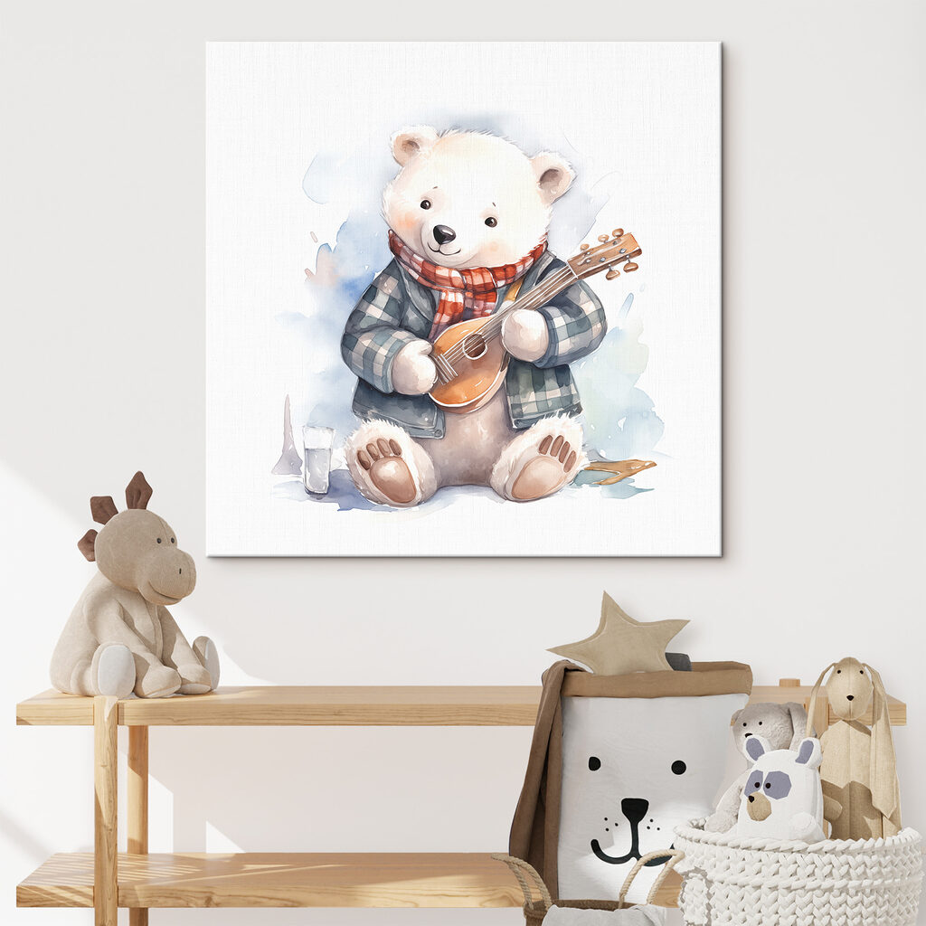 A watercolor of a teddy bear playing a guitar