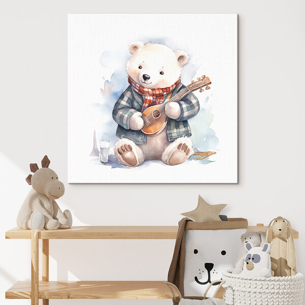 A watercolor of a teddy bear playing a guitar