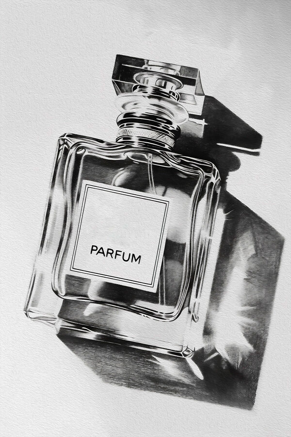 A black and white photo of a bottle of perfume A black and white photo of a bottle of perfume