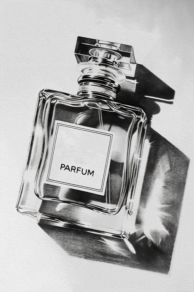 A black and white photo of a bottle of perfume A black and white photo of a bottle of perfume
